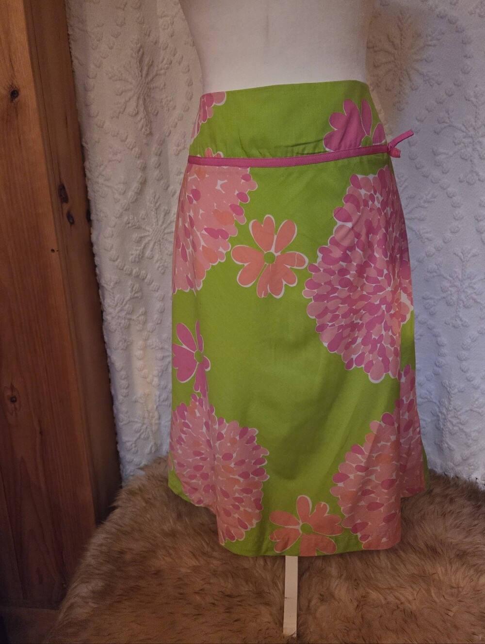 Lilly Pulitzer Lime Green and Pink Floral A-Line Skirt Size 8
